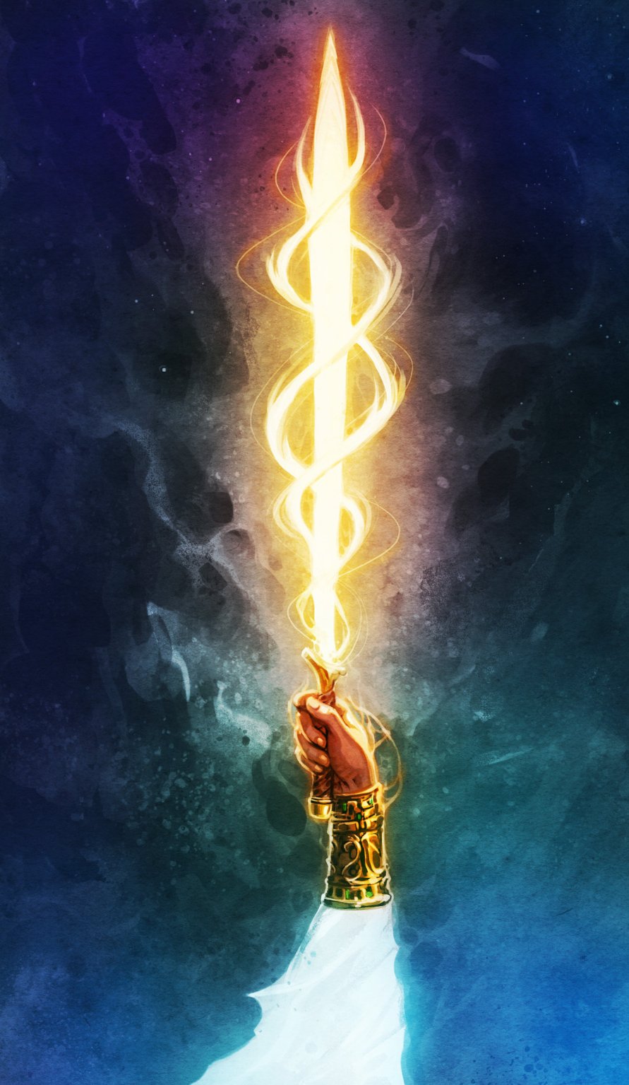 A hand holding a glowing sword